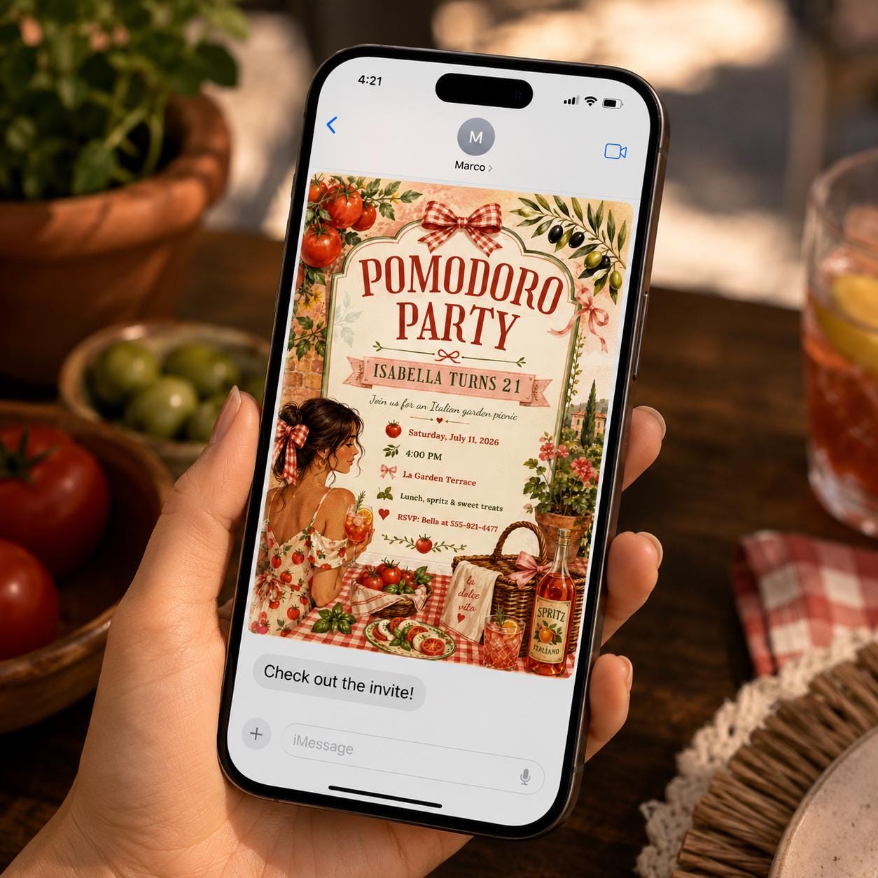 Pomodoro Party Invitation, Italian Garden Picnic 21st Birthday, Tomato Girl Editable Printable Canva Template - Image 6