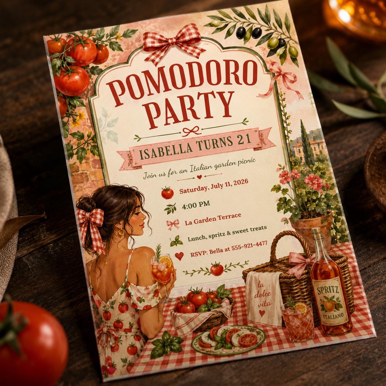 Pomodoro Party Invitation, Italian Garden Picnic 21st Birthday, Tomato Girl Editable Printable Canva Template - Image 5