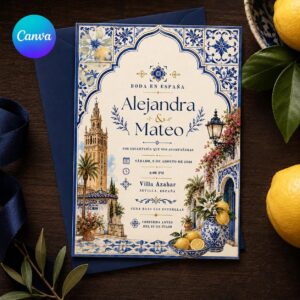 Spanish Wedding Invitation, Seville Blue Tile Lemon Destination Invite, Elegant Editable Printable Canva Template
