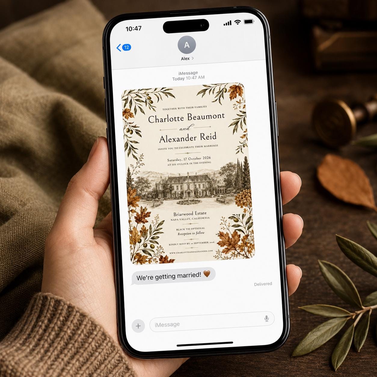Fall Wedding Invitation, Autumn Estate Venue Illustration, Olive Branch Elegant Editable Printable Canva Template - Image 3