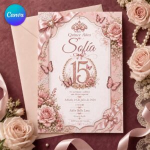 Pink Quinceañera Invitation, Blush Floral Butterfly Mis Quince Años, Editable Spanish 15th Birthday Canva Template
