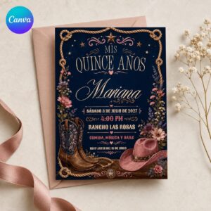 Western Quinceanera Invitation, Navy Pink Cowgirl Boots Mis Quince Años Party, Editable Printable Canva Template