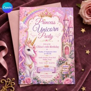 Princess Unicorn Birthday Invitation, 6th Birthday Castle Party for Girls, Pastel Rainbow Editable Canva Template