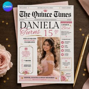 Quinceañera Newspaper Invitation, Sweet 15 Photo Birthday Announcement, Editable Save the Date Canva Template