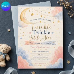 Twinkle Twinkle Little Star Gender Reveal Invitation, Pink Blue Moon and Stars Baby Party, Editable Canva Template