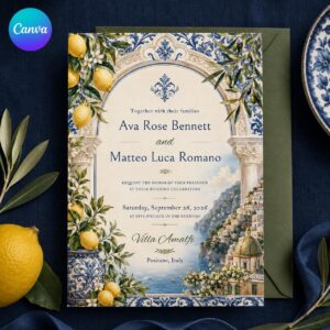 Amalfi Coast Wedding Invitation, Italian Lemon Blue Tile Positano Destination Wedding, Editable Canva Template