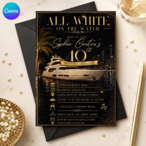 All White Yacht Party Invitation, 40th Birthday Luxury Boat Cruise, Black Gold Editable Canva Template