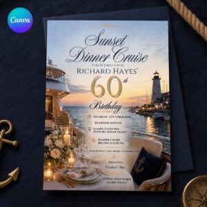 60th Birthday Yacht Invitation, Sunset Dinner Cruise Party for Men, Elegant Nautical Editable Canva Template