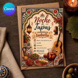 Spanish Birthday Invitation, Noche de Tapas and Sangria Fiesta, Adult Dinner Party Editable Canva Template