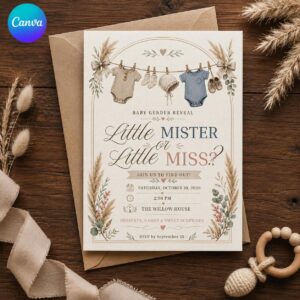 Little Mister or Little Miss Gender Reveal Invitation, Boho Neutral Baby Clothes Party, Editable Printable Canva Template