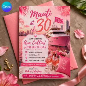Pink Yacht 30th Birthday Invitation, Miami Boat Cruise Party for Her, Editable Printable Canva Template