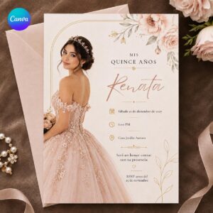 Photo Quinceañera Invitation, Blush Pink Floral Mis Quince Años, Elegant Editable 15th Birthday Canva Template
