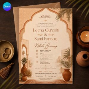 Terracotta Nikah Invitation, Boho Desert Islamic Wedding Invite, Arabic Arch Earth Tone Editable Canva Template