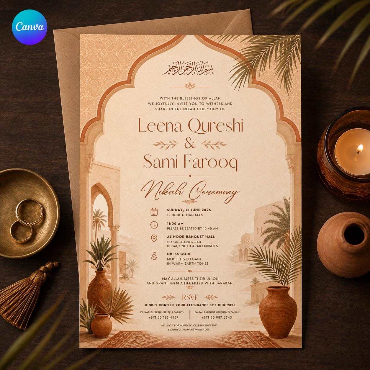 Terracotta Nikah Invitation, Boho Desert Islamic Wedding Invite, Arabic Arch Earth Tone Editable Canva Template