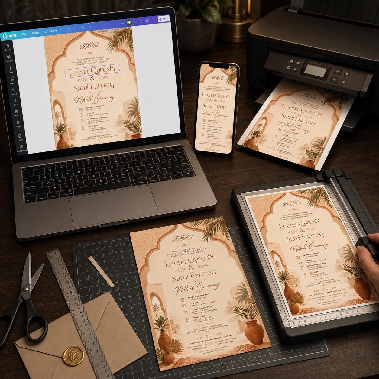 Terracotta Nikah Invitation, Boho Desert Islamic Wedding Invite, Arabic Arch Earth Tone Editable Canva Template - Image 5
