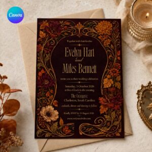 Burgundy Wedding Invitation, Moody Dark Floral Fall Wedding, Gothic Autumn Romance Editable Canva Template