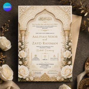 Ivory Gold Nikah Invitation, Luxury White Rose Islamic Wedding Card, Elegant Muslim Ceremony Editable Canva Template