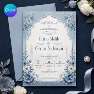 Blue Floral Nikah Invitation, Dusty Blue Islamic Wedding Card, Arabic Arch Muslim Ceremony Editable Canva Template