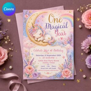 Unicorn First Birthday Invitation, One Magical Year Pastel Rainbow Moon Party for Girls, Editable Canva Template