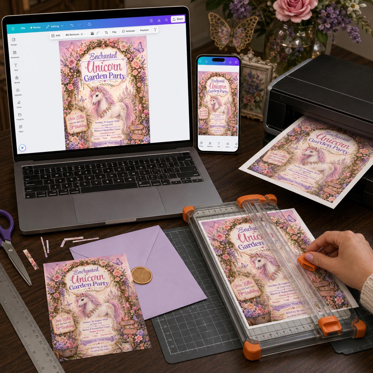Unicorn Birthday Invitation, Enchanted Garden Floral Party for Girls, Pastel 5th Birthday Editable Canva Template - Image 6