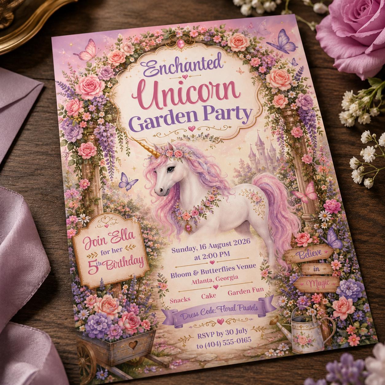 Unicorn Birthday Invitation, Enchanted Garden Floral Party for Girls, Pastel 5th Birthday Editable Canva Template - Image 3