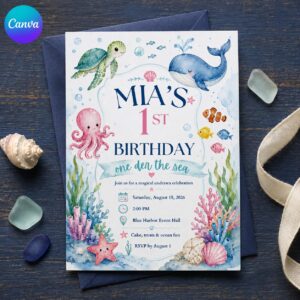 One-der the Sea First Birthday Invitation, Ocean Animal Girl Party, Watercolor Printable Editable Canva Template