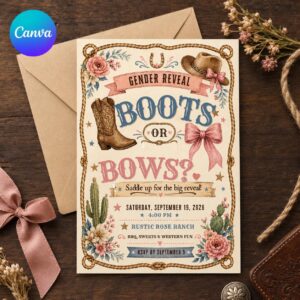 Boots or Bows Gender Reveal Invitation, Western Cowgirl Cowboy Baby Party, Rustic Floral Editable Canva Template