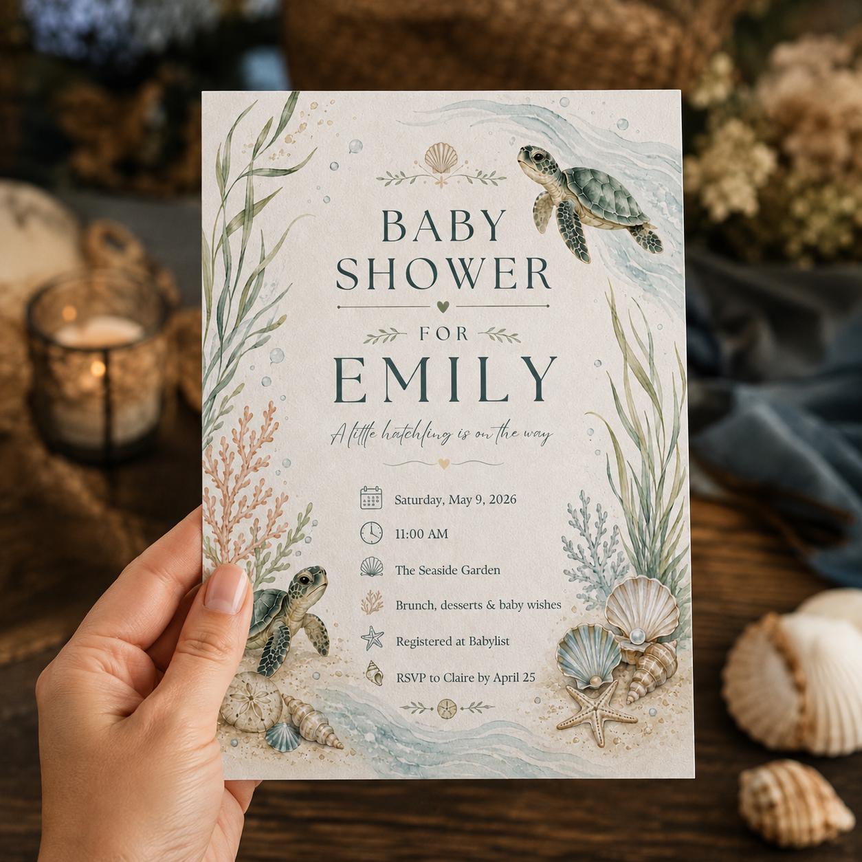 Sea Turtle Baby Shower Invitation, Coastal Under the Sea Seashell Party, Neutral Watercolor Editable Canva Template - Image 3