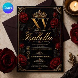Quinceañera Invitation, Black Red Gold Rose Crown Mis XV Años Party, Elegant Printable Editable Canva Template