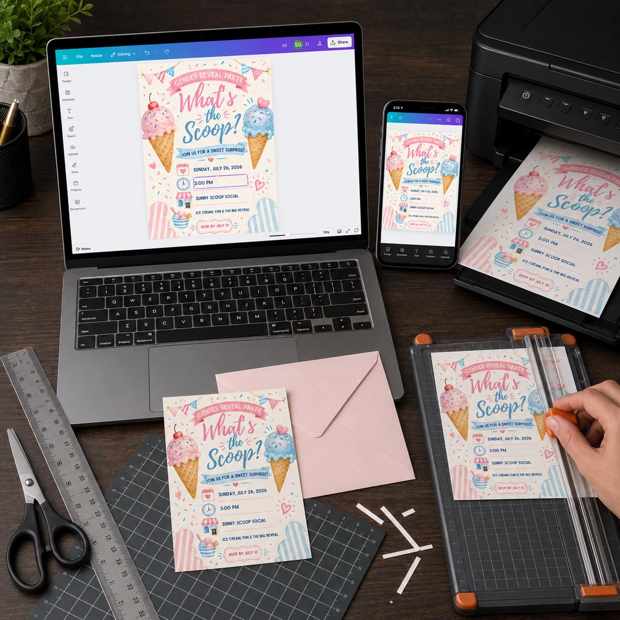 What's the Scoop Gender Reveal Invitation, Pink Blue Ice Cream Boy or Girl Party, Editable Printable Canva Template - Image 3