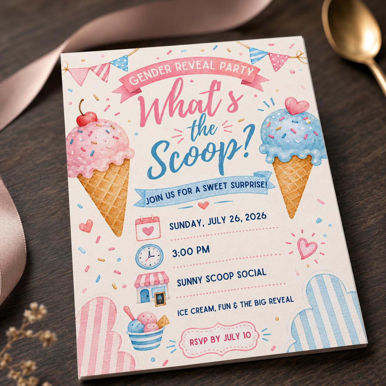 What's the Scoop Gender Reveal Invitation, Pink Blue Ice Cream Boy or Girl Party, Editable Printable Canva Template - Image 4