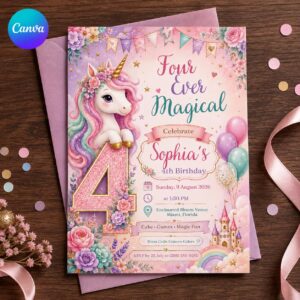 Unicorn 4th Birthday Invitation, Four Ever Magical Pastel Rainbow Girl Party, Editable Printable Canva Template