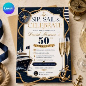 50th Birthday Yacht Invitation, Navy Gold Nautical Cruise Party for Him, Editable Printable Canva Template