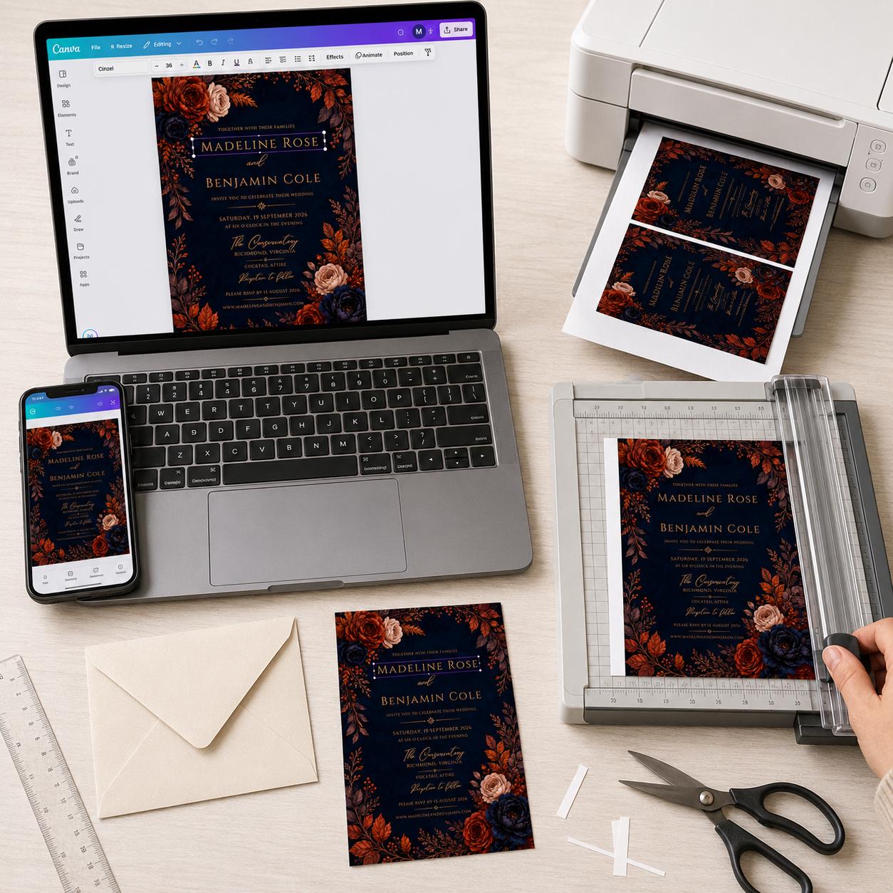 Fall Wedding Invitation, Navy Rust Floral Autumn Ceremony, Moody Elegant Editable Printable Canva Template - Image 3