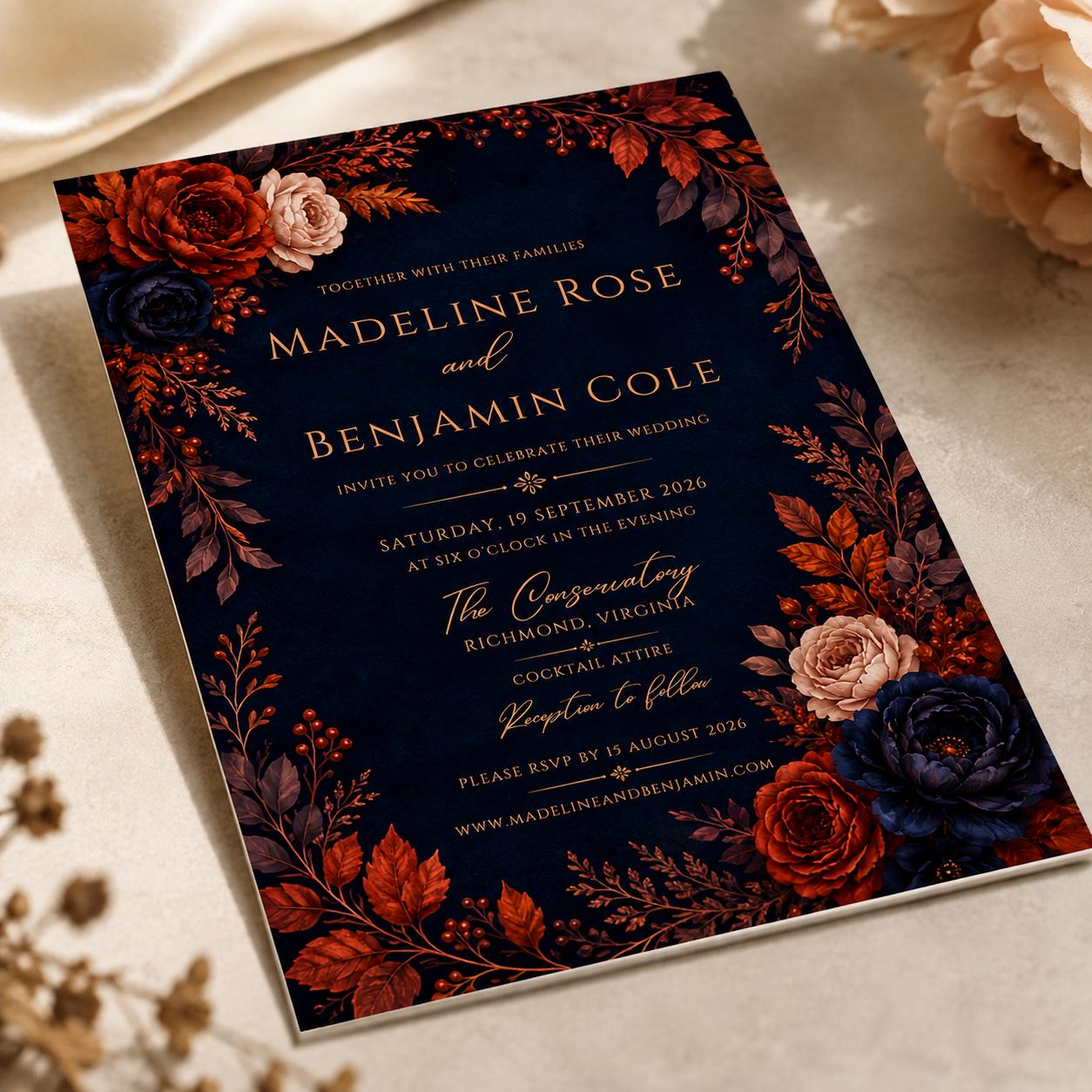 Fall Wedding Invitation, Navy Rust Floral Autumn Ceremony, Moody Elegant Editable Printable Canva Template - Image 4