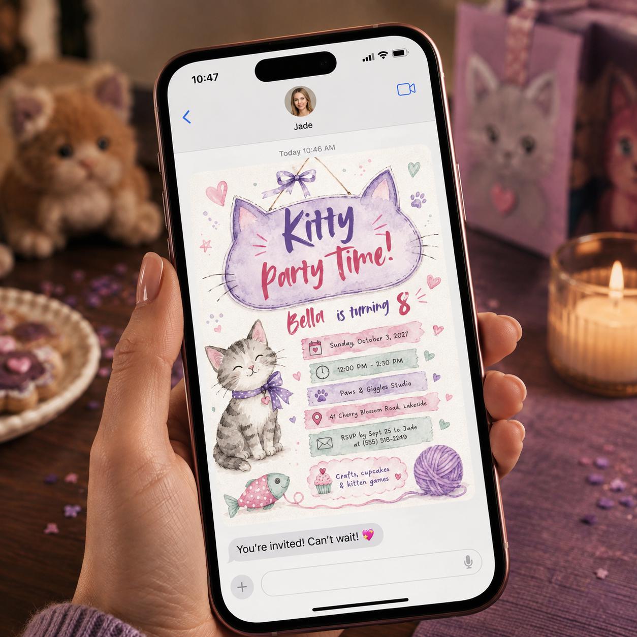 Kitty Birthday Invitation, Pink Purple Cat Party for Girls, Watercolor 8th Birthday Editable Canva Template - Image 6