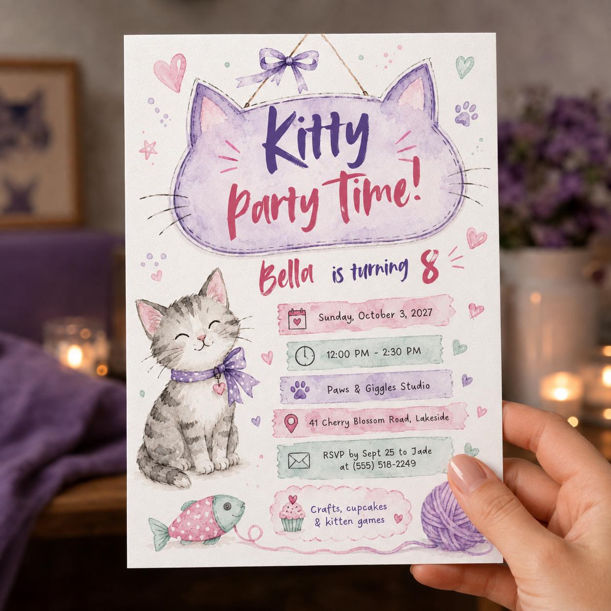 Kitty Birthday Invitation, Pink Purple Cat Party for Girls, Watercolor 8th Birthday Editable Canva Template - Image 5