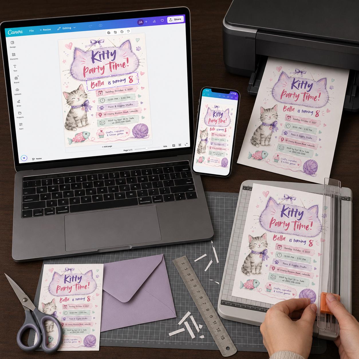 Kitty Birthday Invitation, Pink Purple Cat Party for Girls, Watercolor 8th Birthday Editable Canva Template - Image 3