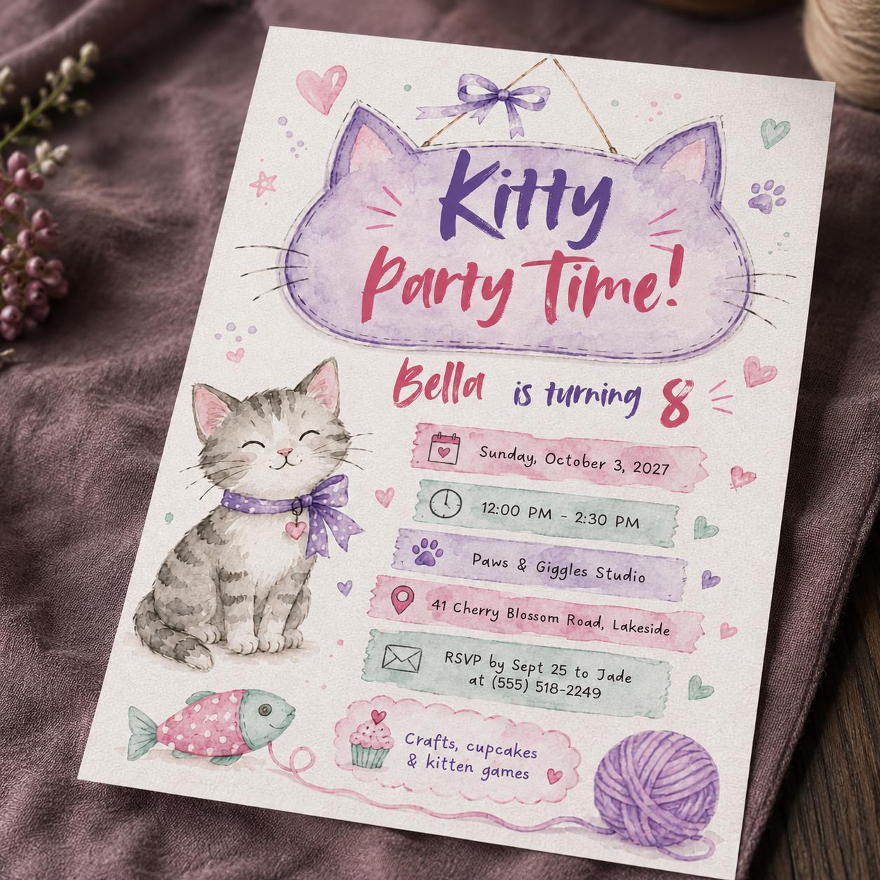 Kitty Birthday Invitation, Pink Purple Cat Party for Girls, Watercolor 8th Birthday Editable Canva Template - Image 4