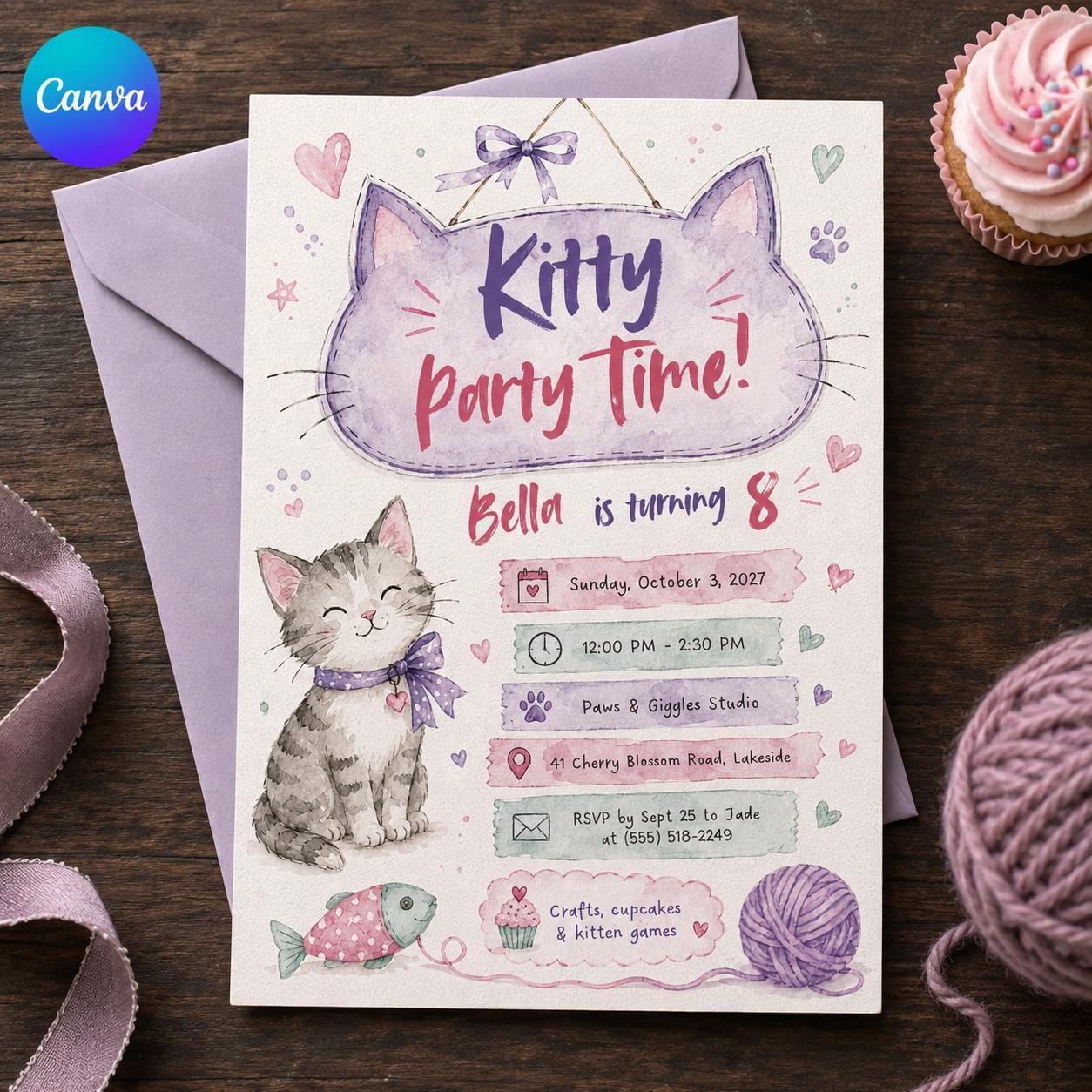 Kitty Birthday Invitation, Pink Purple Cat Party for Girls, Watercolor 8th Birthday Editable Canva Template