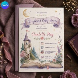 Storybook Baby Shower Invitation, Once Upon a Time Fairytale Castle, Enchanted Library Editable Canva Template