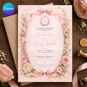 Pink Bow Wedding Invitation, Coquette Floral Garden Party, Romantic Watercolor Editable Canva Template