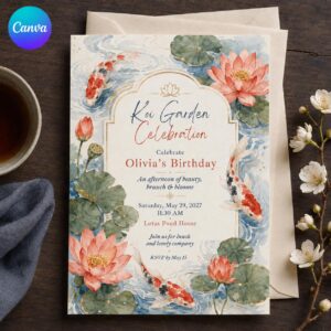 Koi Fish Birthday Invitation, Japanese Lotus Garden Party, Elegant Watercolor Editable Canva Template