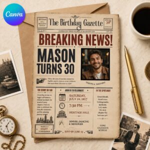 30th Birthday Newspaper Invitation, Vintage Breaking News Party Invite, Editable Milestone Celebration Canva Template