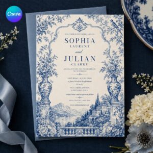 Blue Chinoiserie Wedding Invitation, Lake Como Toile, Elegant Italian Destination Editable Canva Template