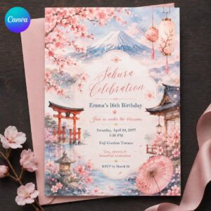 Cherry Blossom Sweet 16 Invitation, Sakura Japanese Birthday Party, Pink Watercolor Editable Canva Template