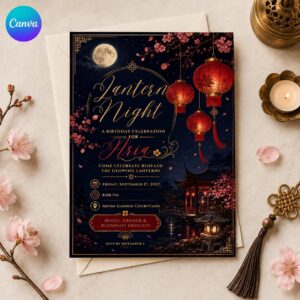 Chinese Lantern Birthday Invitation, Moonlit Asian Garden Party, Elegant Night Celebration Canva Template