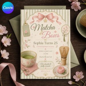 Matcha Birthday Invitation, Japanese Tea Party with Cherry Blossoms, Pink Green Editable Canva Template