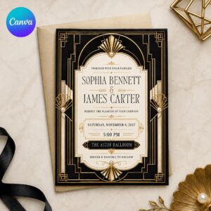 Art Deco Wedding Invitation, Black Gold Great Gatsby 1920s Formal Ceremony, Editable Printable Canva Template