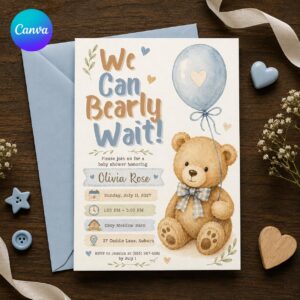Teddy Bear Baby Shower Invitation, We Can Bearly Wait Boy Shower Invite, Blue Balloon Gender Neutral Printable, Canva Template